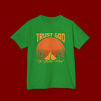 Kids Tee — "Trust God No Matter What" Sunset Camping Graphic