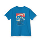 Kids Tee – “You Win When You Pray” Retro Wave Ocean Graphic