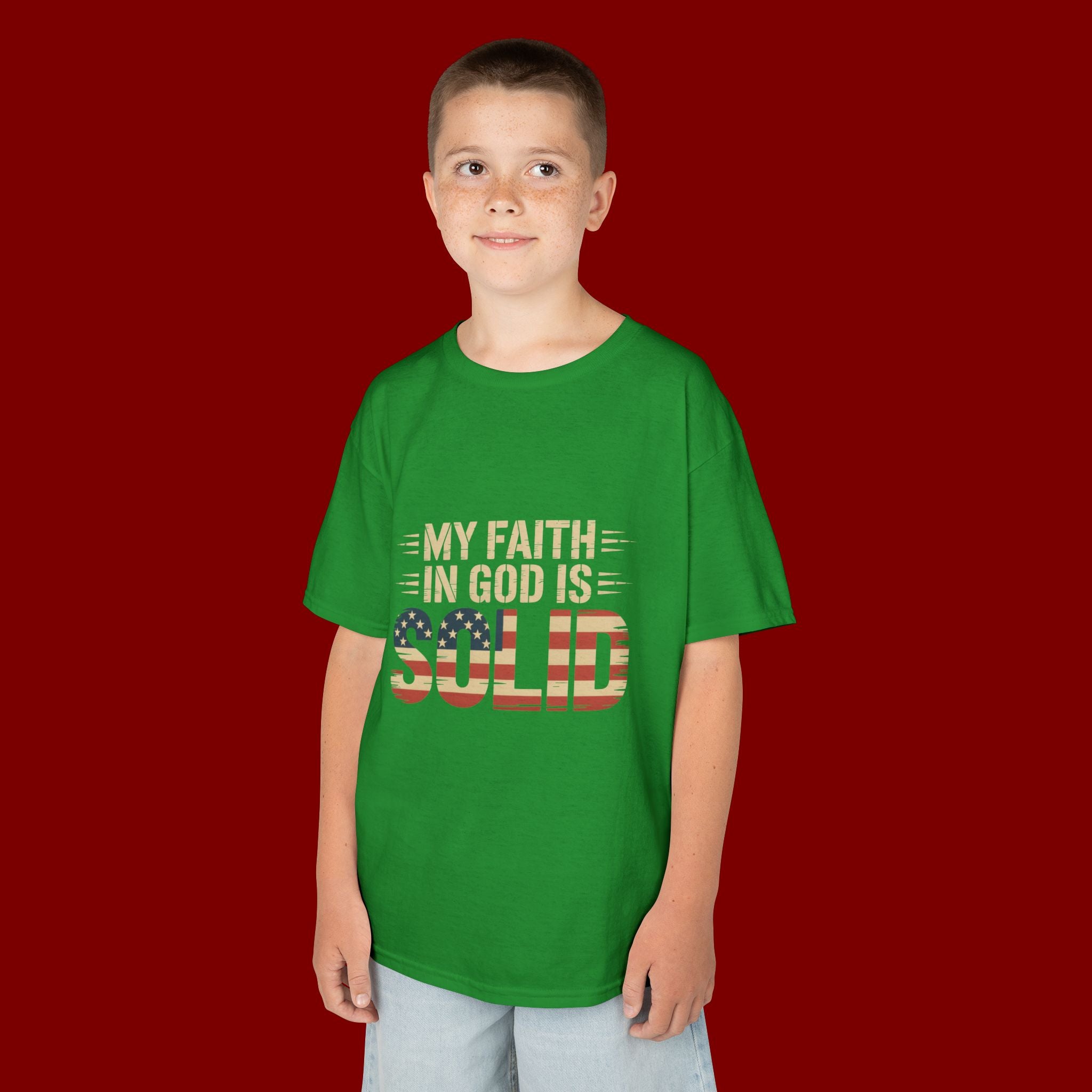 Kids Tee — "My Faith in God is Solid" Patriotic Christian T-Shirt