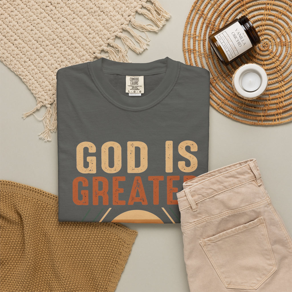 God Is Greater Mountain T-Shirt — Christian Faith Graphic Tee