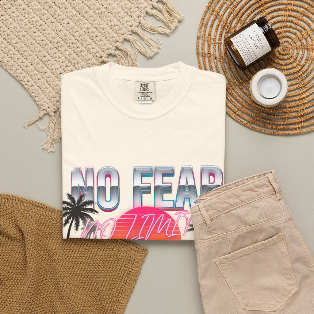 No Fear, No Excuses T-Shirt — Retro Sunset Palm Graphic Tee