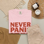 Never Panic Just Pray T‑Shirt — Retro Sunset Faith Tee