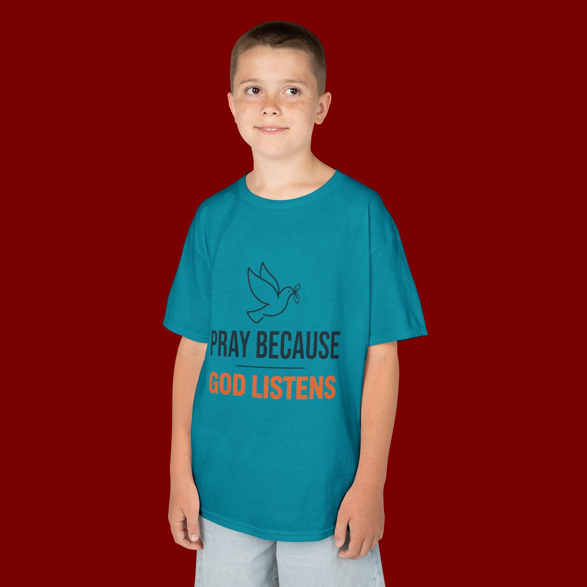 Kids T-Shirt — "Pray Because God Listens" Christian Faith Tee with Dove Graphic