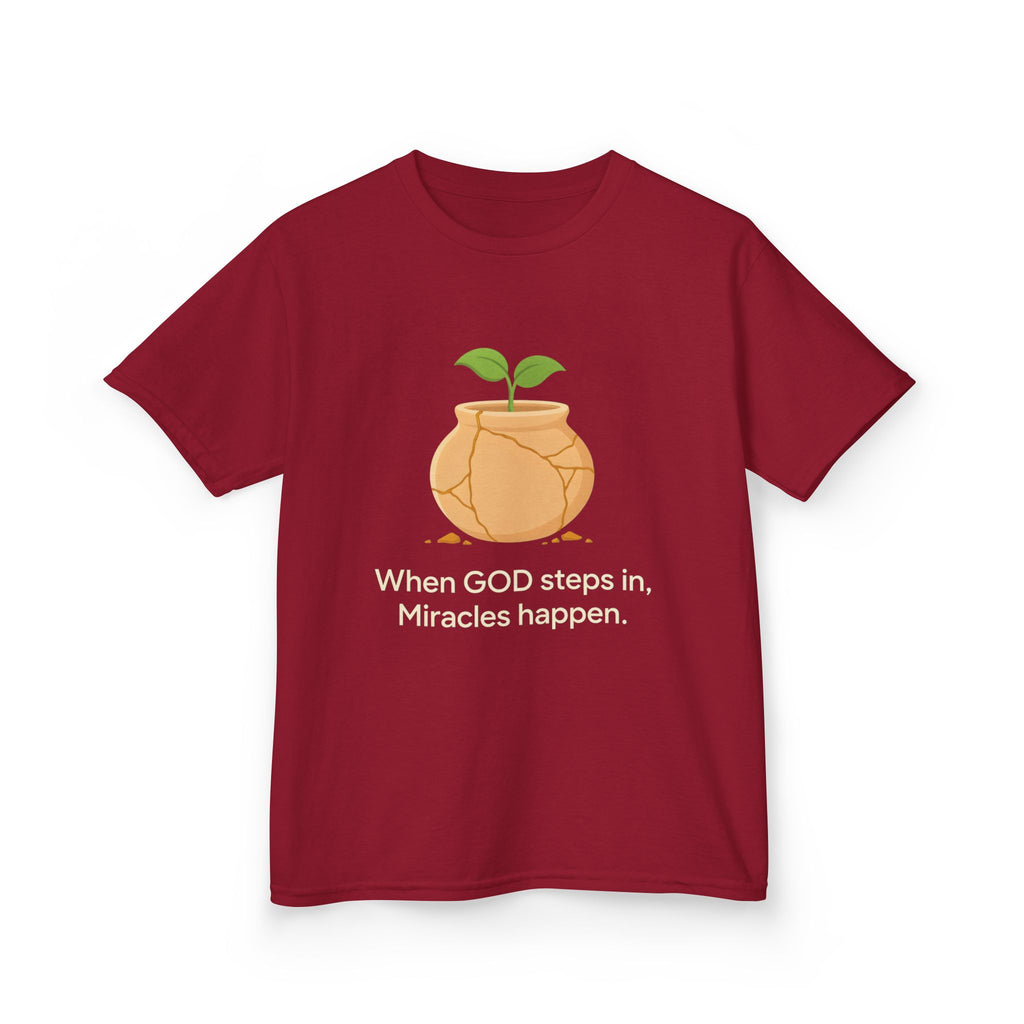 Kids Tee — "When GOD steps in, Miracles happen." Inspirational Christian T‑Shirt with Sprout Pot Design