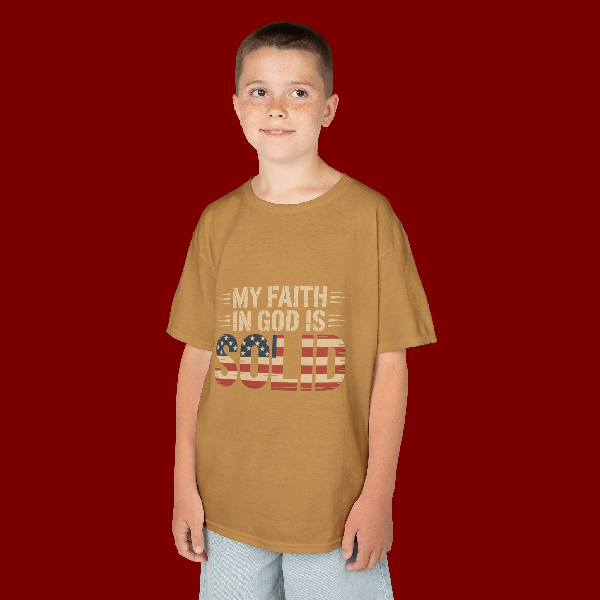 Kids Tee — "My Faith in God is Solid" Patriotic Christian T-Shirt