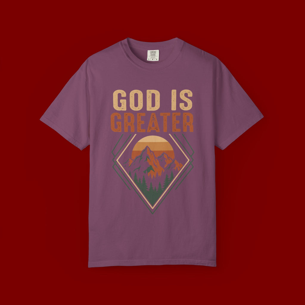 God Is Greater Mountain T-Shirt — Christian Faith Graphic Tee