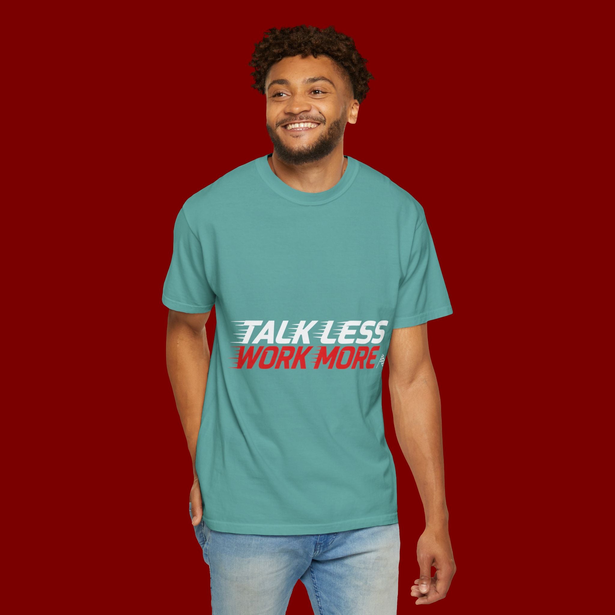 Work More Graphic T-Shirt — Bold Red Minimalist Slogan Tee