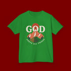 Kids Tee – 'GOD' Mountain Sunrise Faith Graphic