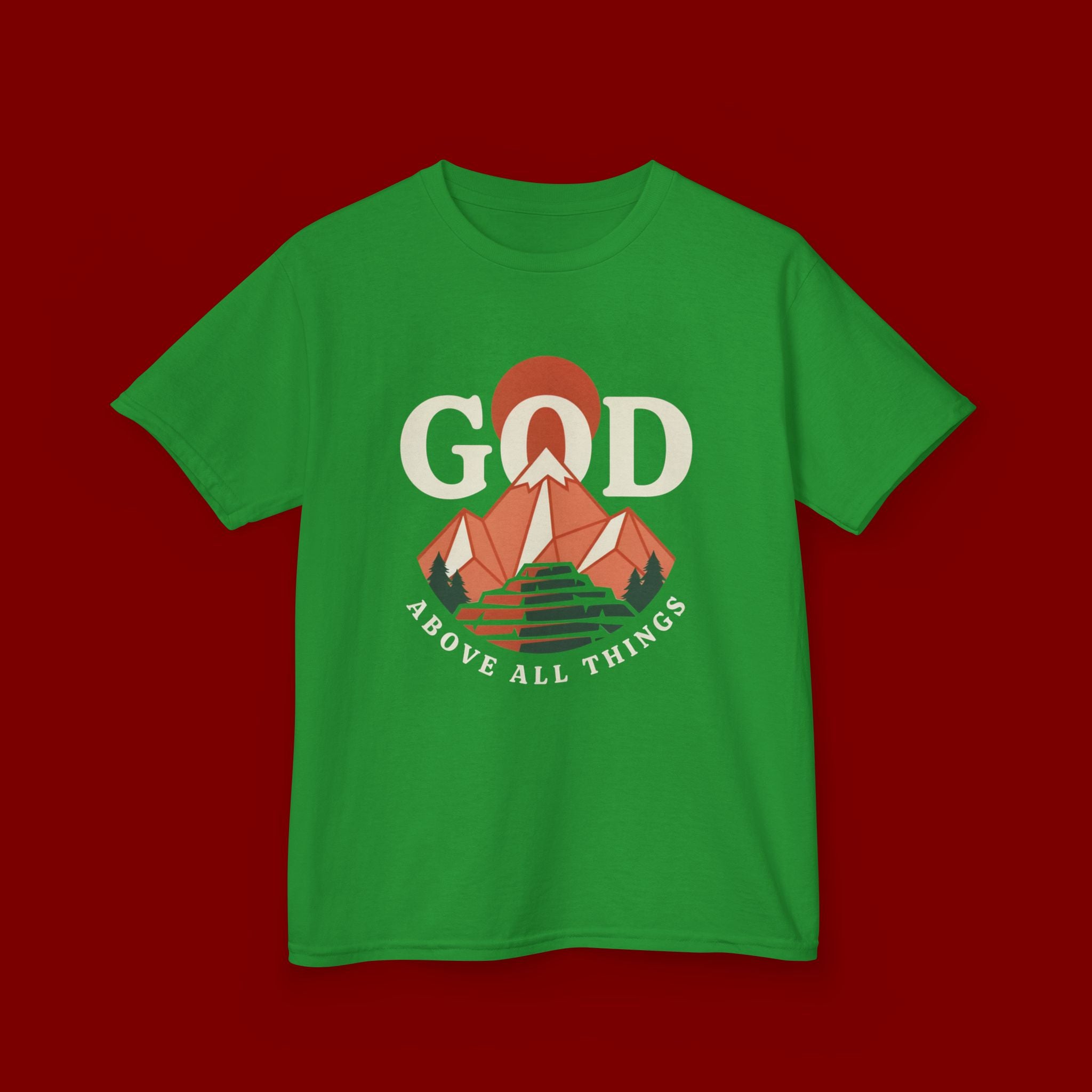 Kids Tee – 'GOD' Mountain Sunrise Faith Graphic