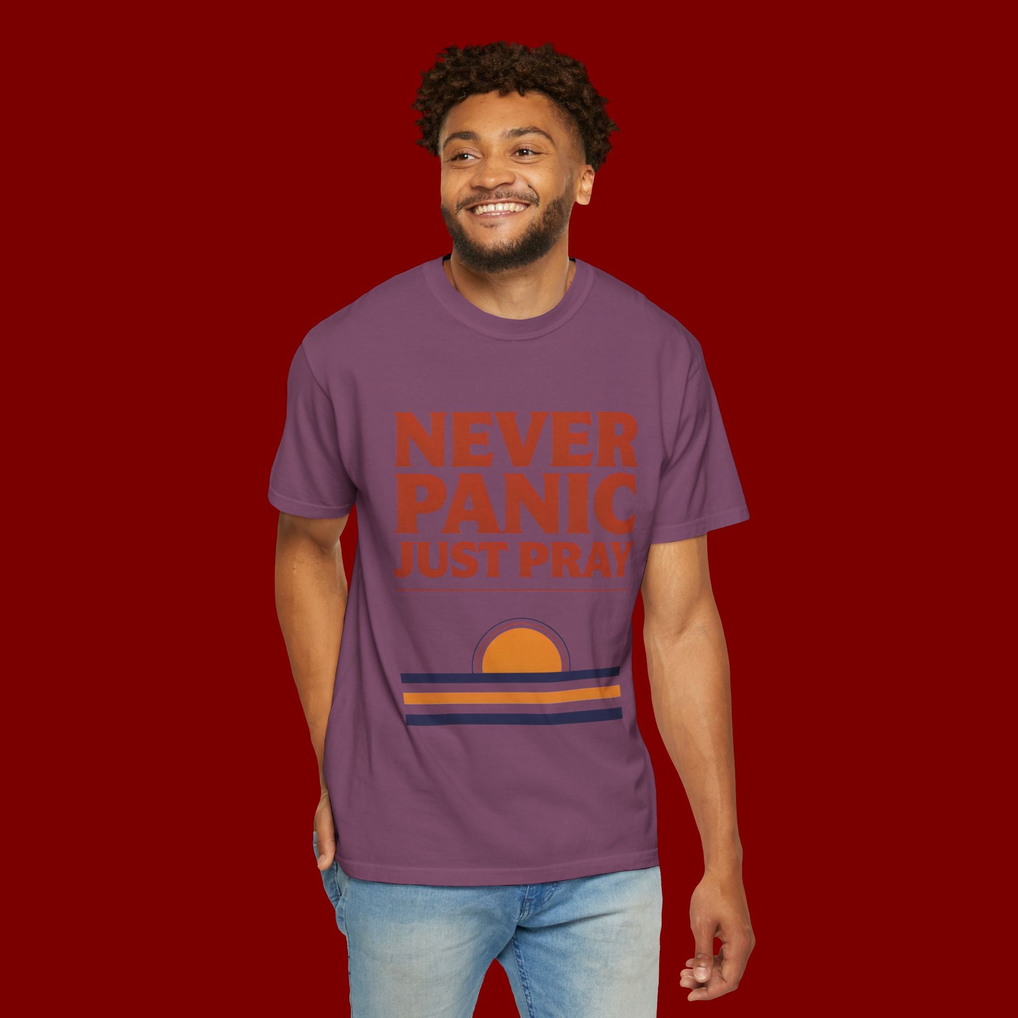 Never Panic Just Pray T‑Shirt — Retro Sunset Faith Tee
