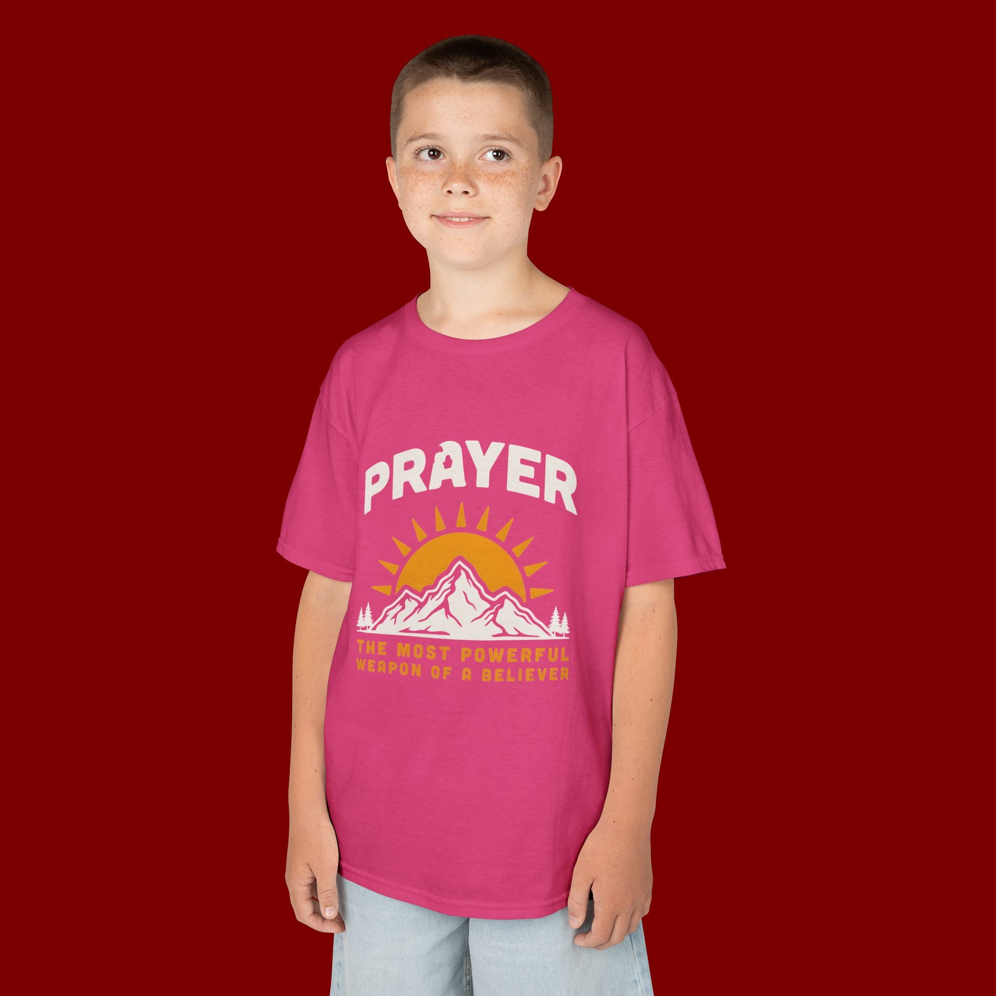 Kids Tee — "Prayer: The Most Powerful Weapon of a Believer" Mountain Sun Graphic
