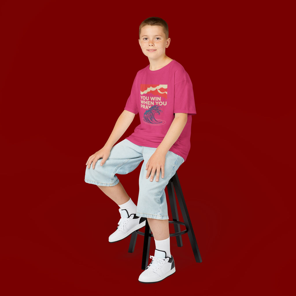 Kids Tee – “You Win When You Pray” Retro Wave Ocean Graphic