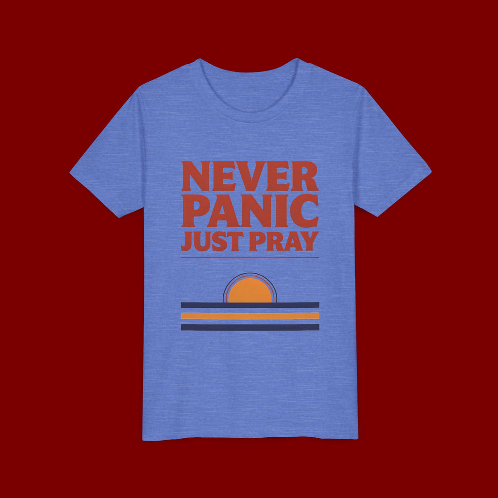 Youth Tee — "Never Panic Just Pray" Retro Sunset Kids T-Shirt