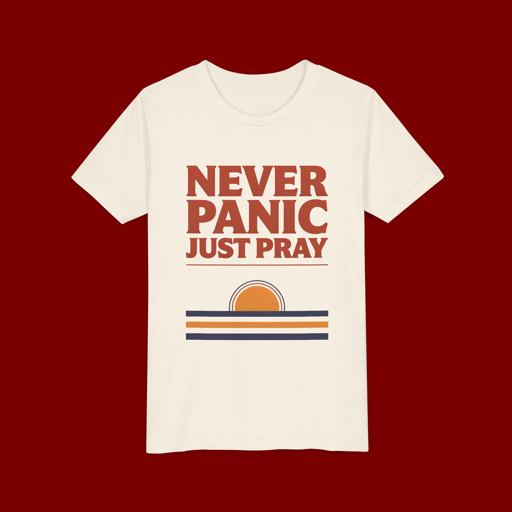 Youth Tee — "Never Panic Just Pray" Retro Sunset Kids T-Shirt