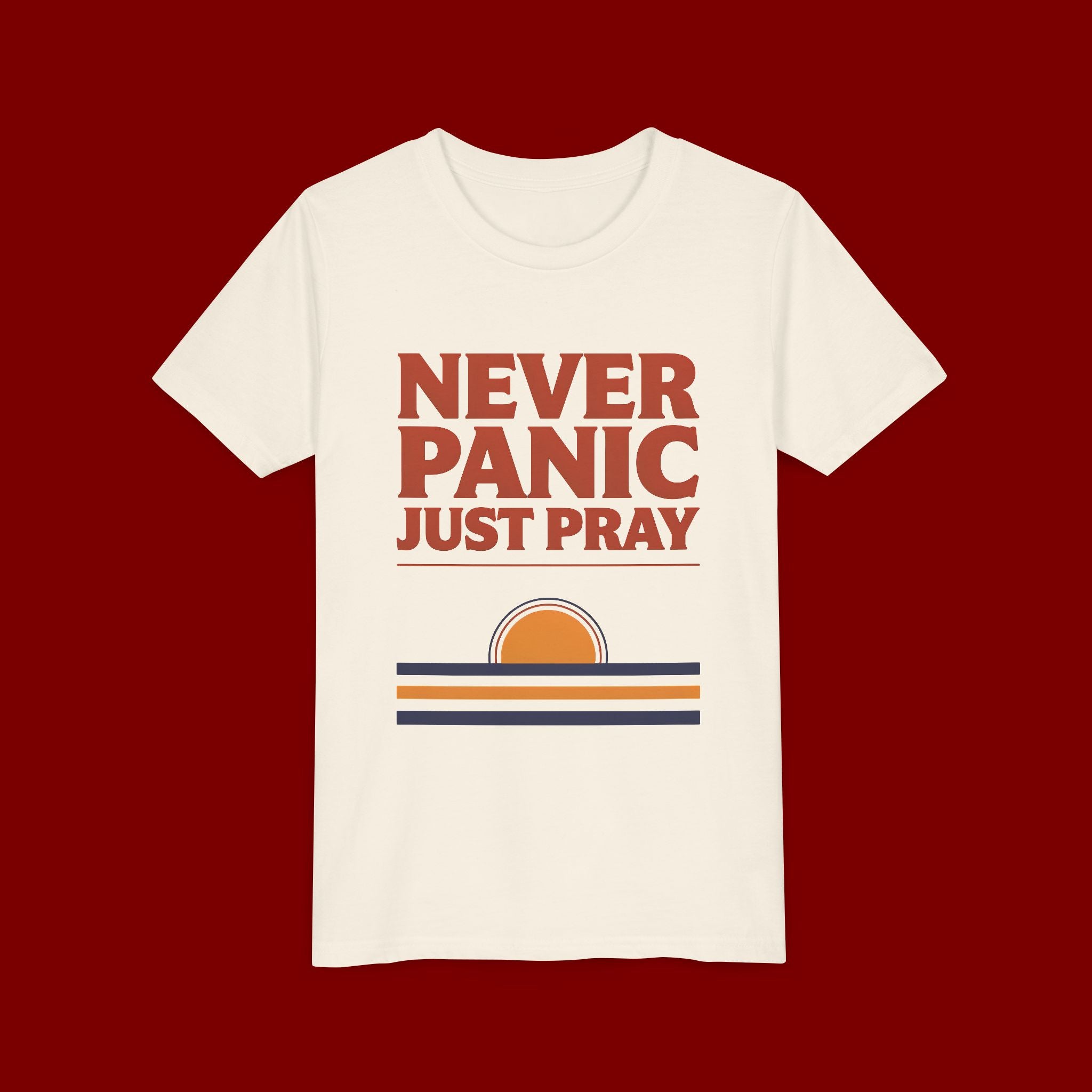 Youth Tee — "Never Panic Just Pray" Retro Sunset Kids T-Shirt