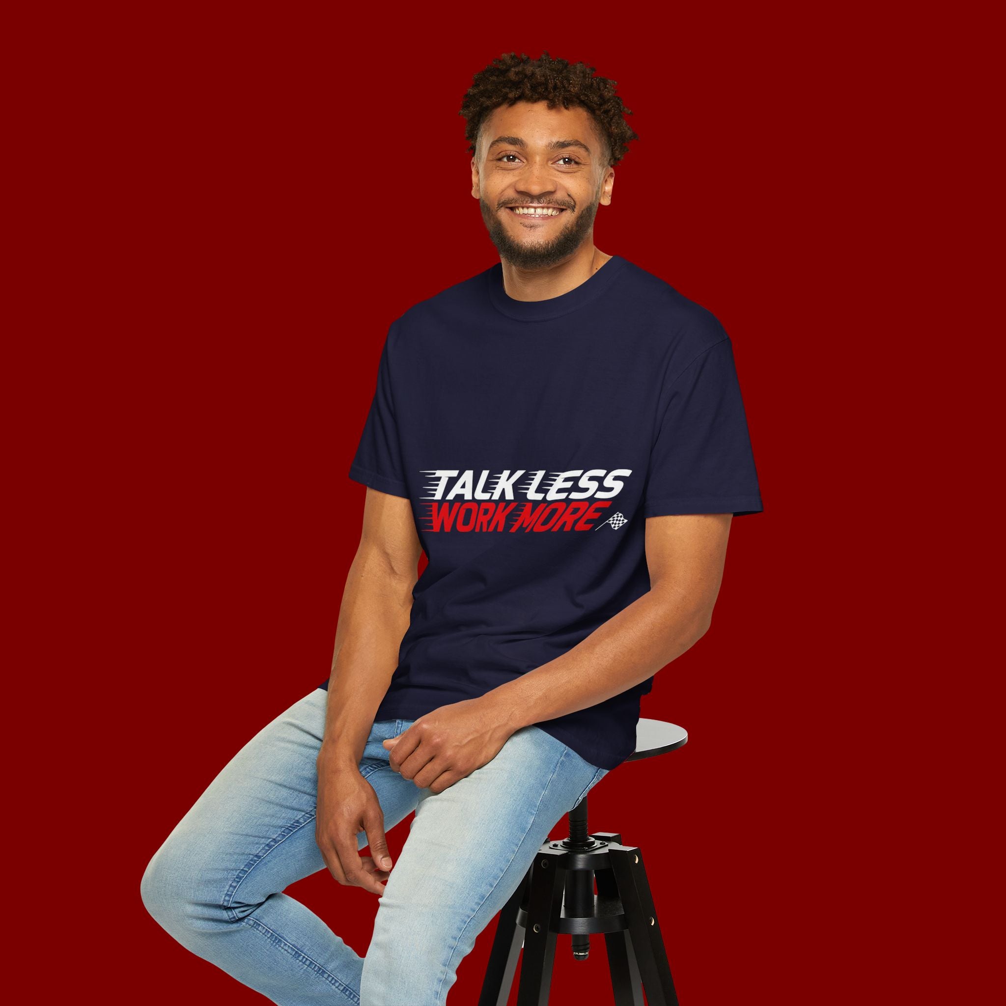 Work More Graphic T-Shirt — Bold Red Minimalist Slogan Tee