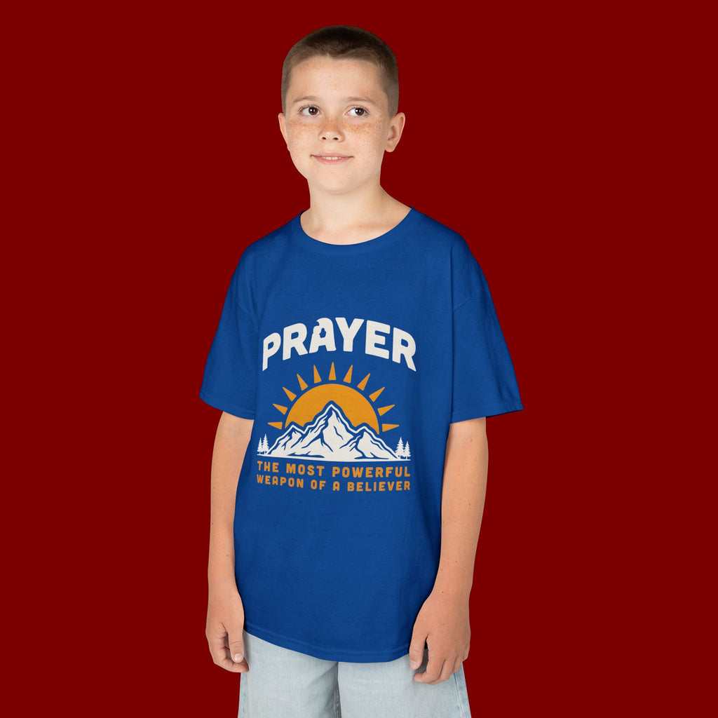 Kids Tee — "Prayer: The Most Powerful Weapon of a Believer" Mountain Sun Graphic