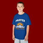 Kids Tee — "Prayer: The Most Powerful Weapon of a Believer" Mountain Sun Graphic