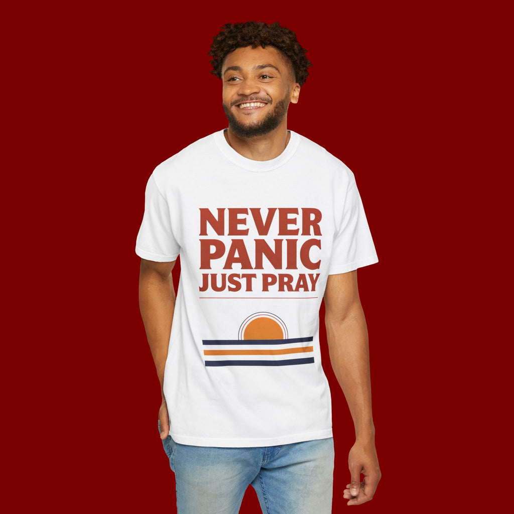 Never Panic Just Pray T‑Shirt — Retro Sunset Faith Tee