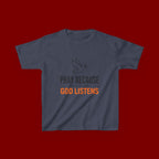 Kids T-Shirt — "Pray Because God Listens" Christian Faith Tee with Dove Graphic