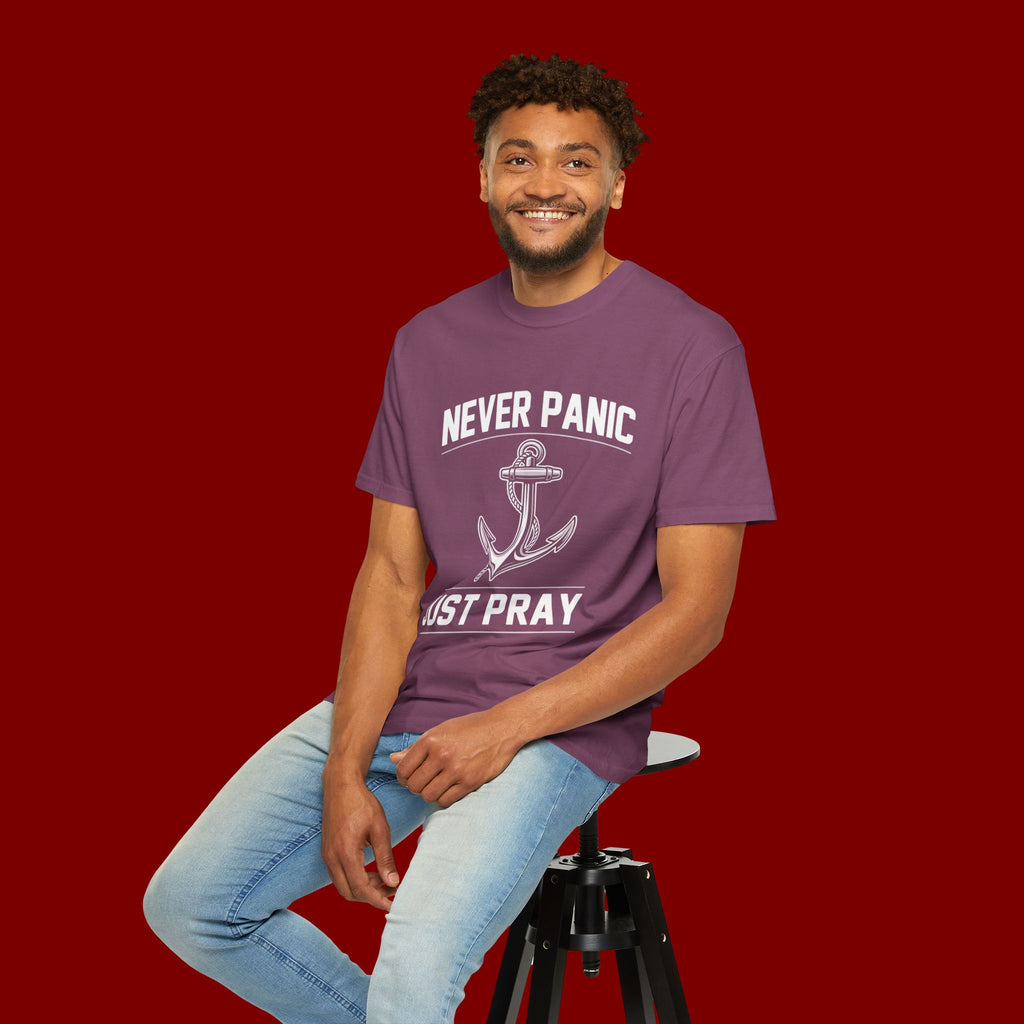 T-Shirt — "Never Panic Just Pray" Anchor Christian Faith Tee