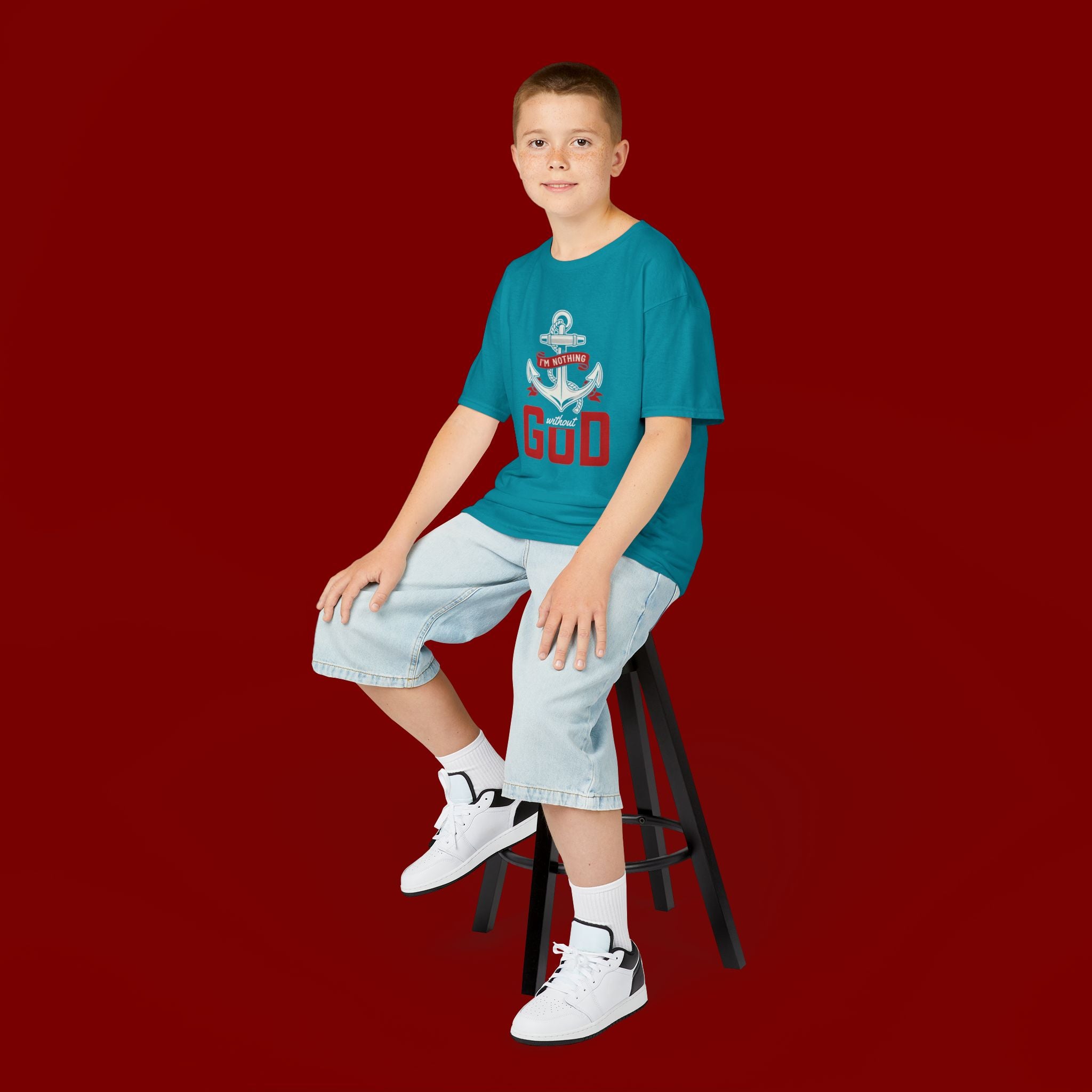 Kids Anchor T‑Shirt – "I'm Nothing Without God" Christian Tee for Boys & Girls