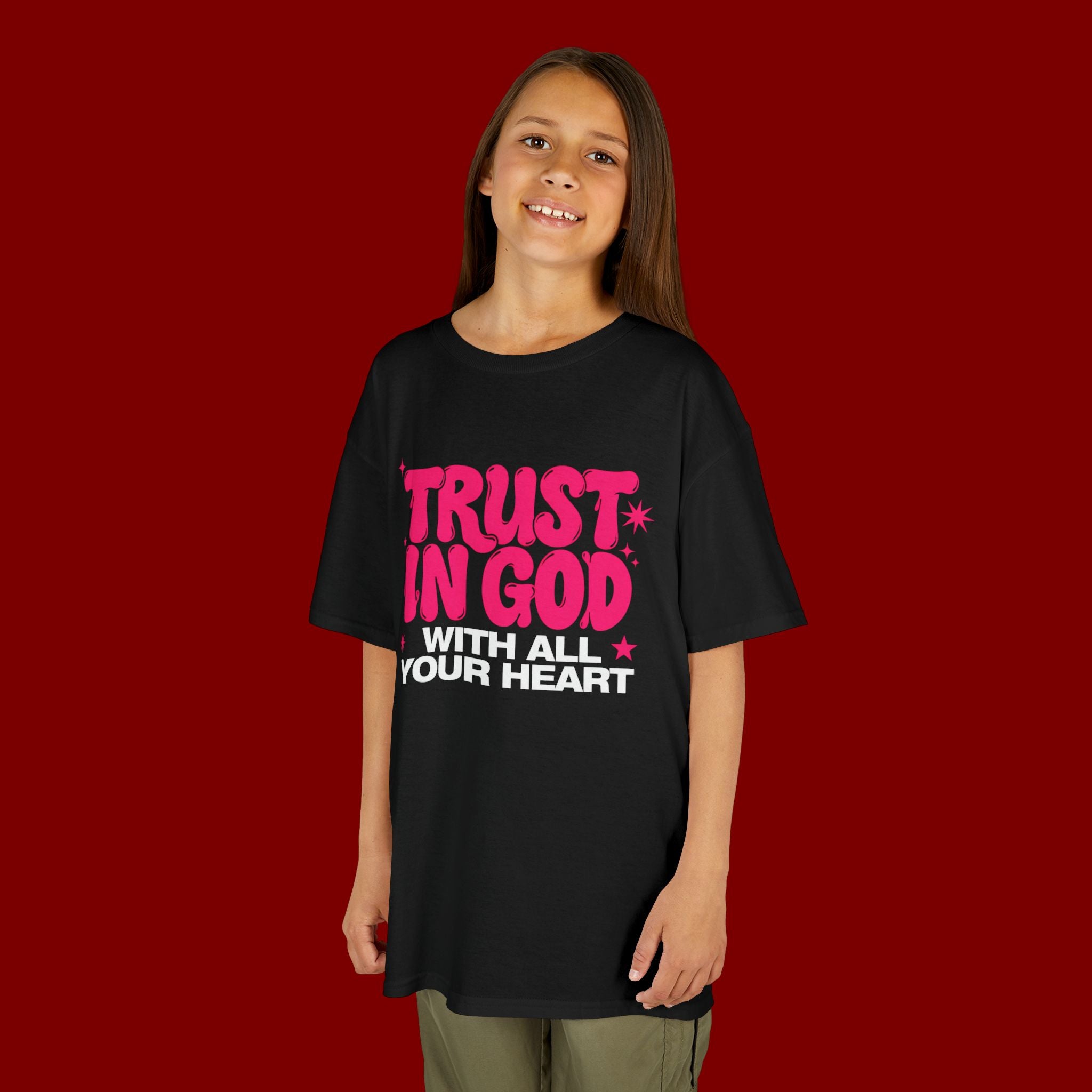 Kids Tee — "Trust in God" Pink Faith Graphic Shirt