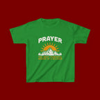 Kids Tee — "Prayer: The Most Powerful Weapon of a Believer" Mountain Sun Graphic