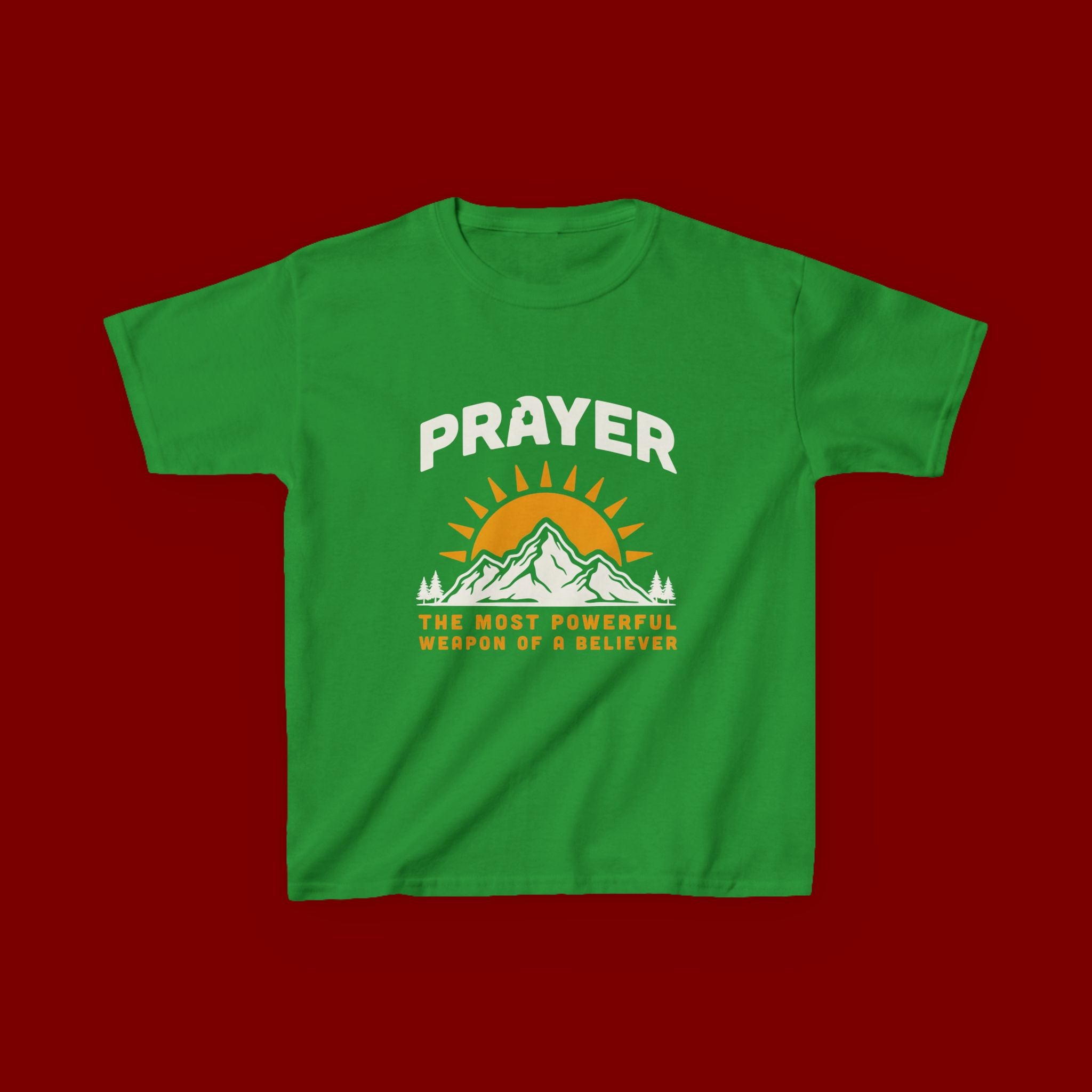 Kids Tee — "Prayer: The Most Powerful Weapon of a Believer" Mountain Sun Graphic