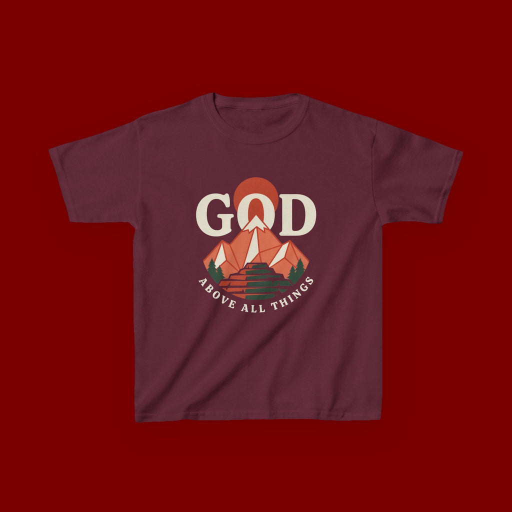Kids Tee – 'GOD' Mountain Sunrise Faith Graphic