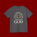 Kids T-Shirt – "All Strength Comes From God" Faith Tee for Boys & Girls