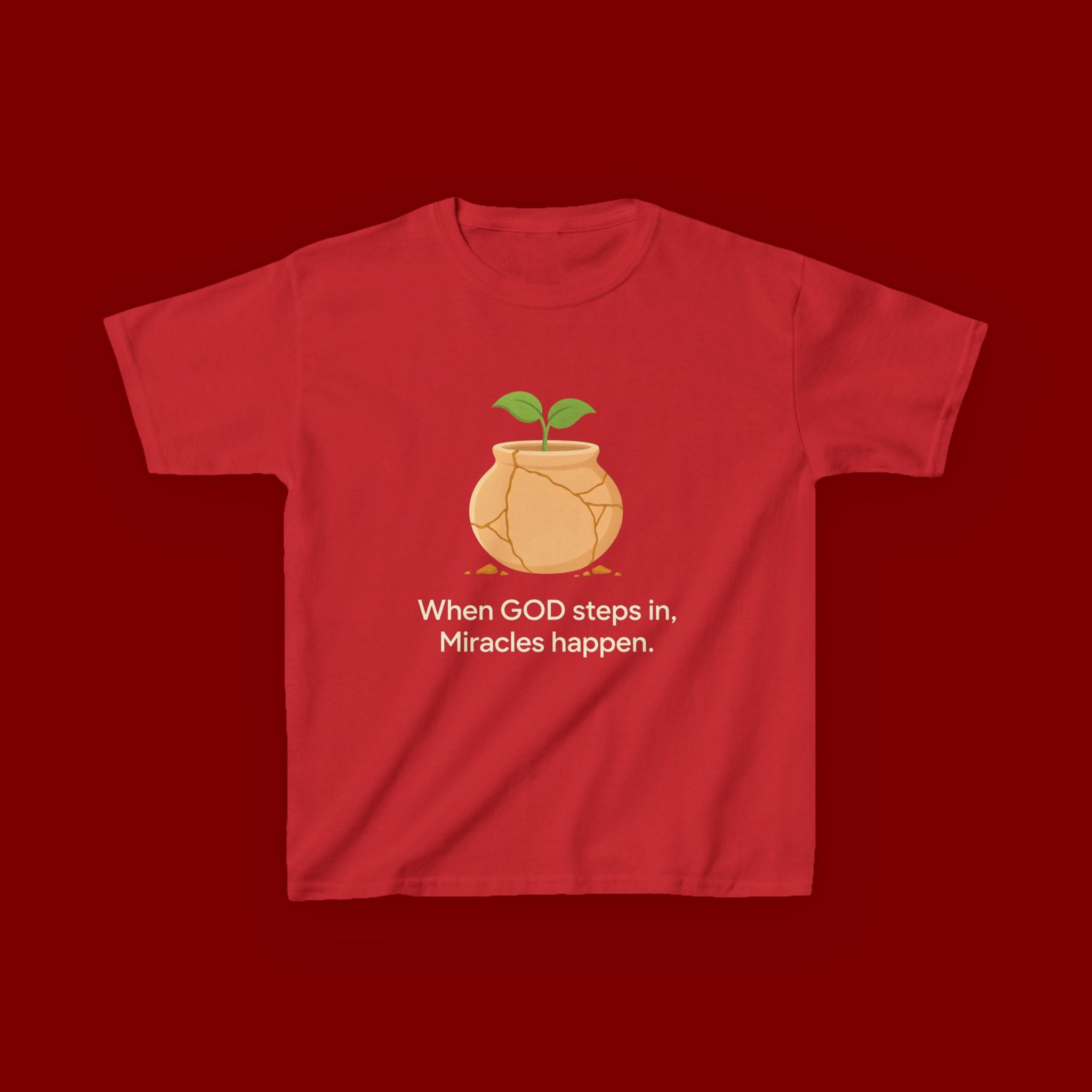 Kids Tee — "When GOD steps in, Miracles happen." Inspirational Christian T‑Shirt with Sprout Pot Design