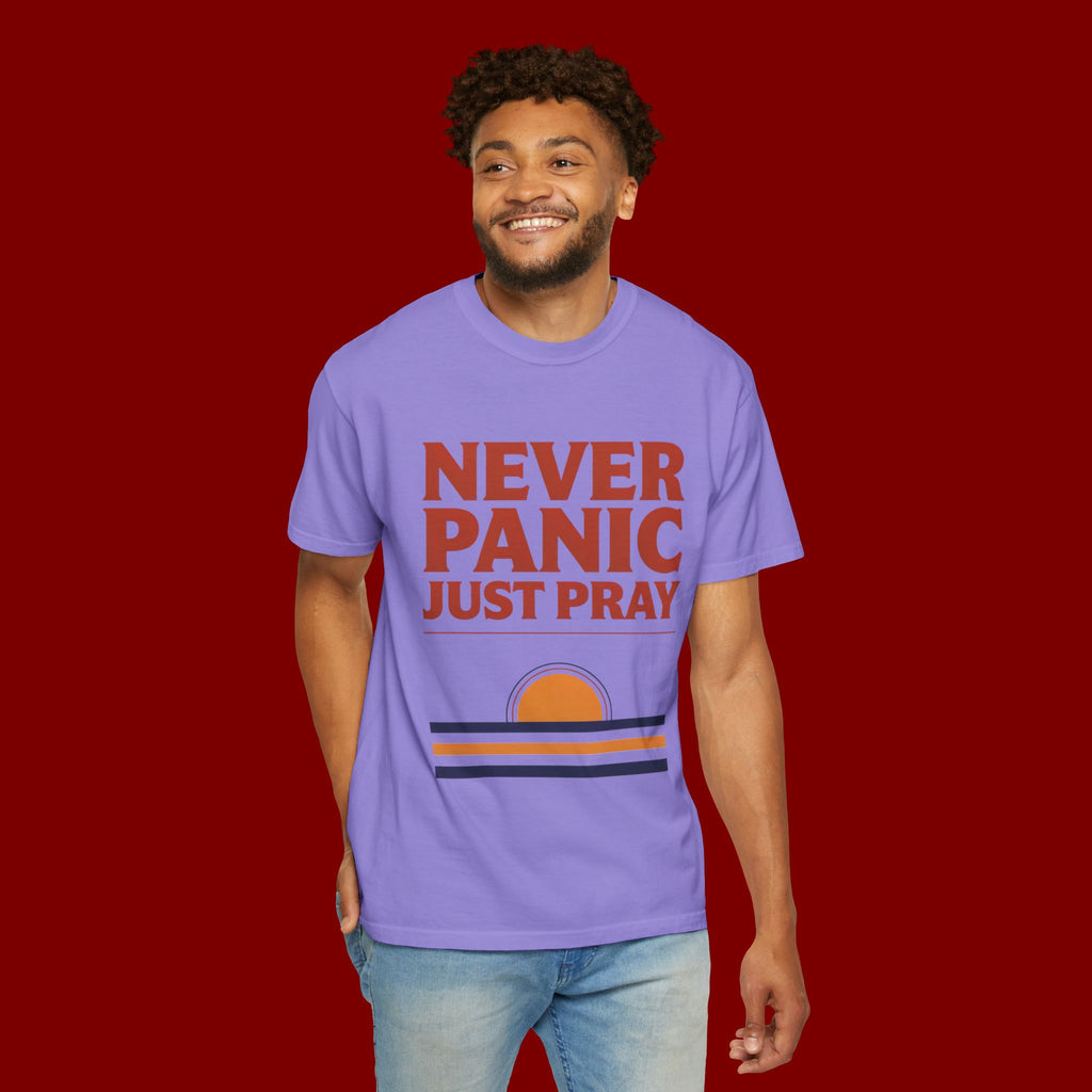 Never Panic Just Pray T‑Shirt — Retro Sunset Faith Tee