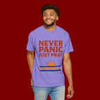 Never Panic Just Pray T‑Shirt — Retro Sunset Faith Tee