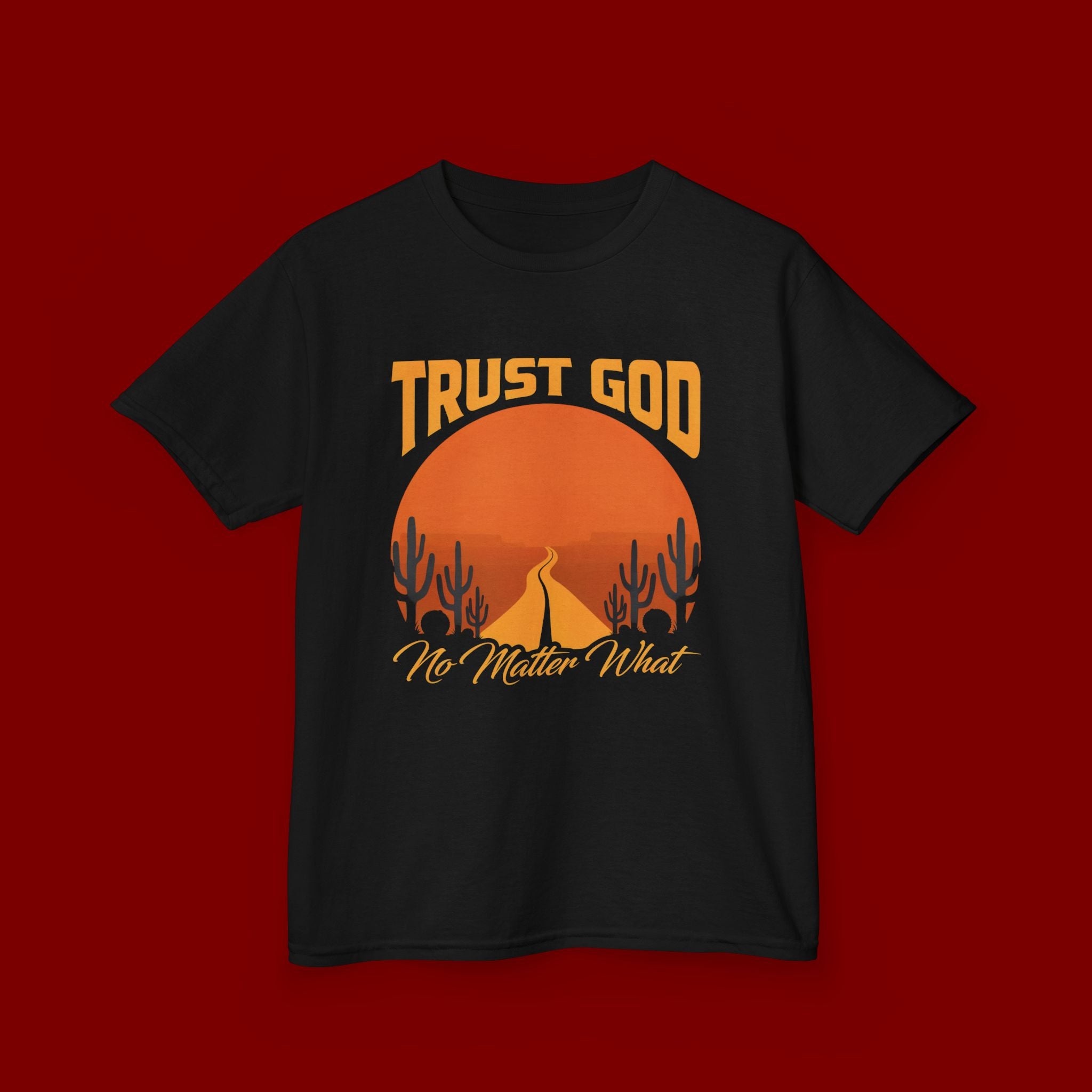 Kids Tee — "Trust God No Matter What" Sunset Camping Graphic