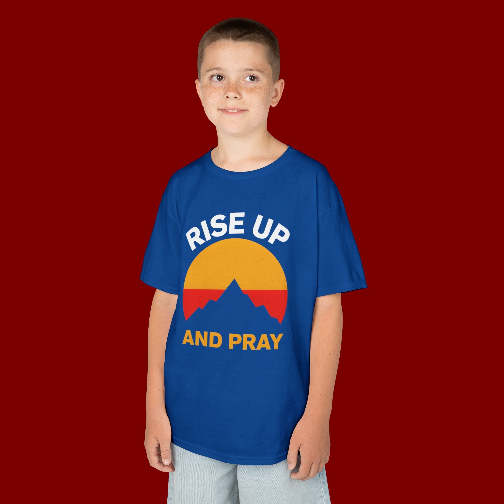 Kids Tee — "Rise Up and Pray" Mountain Sunrise Faith T‑Shirt