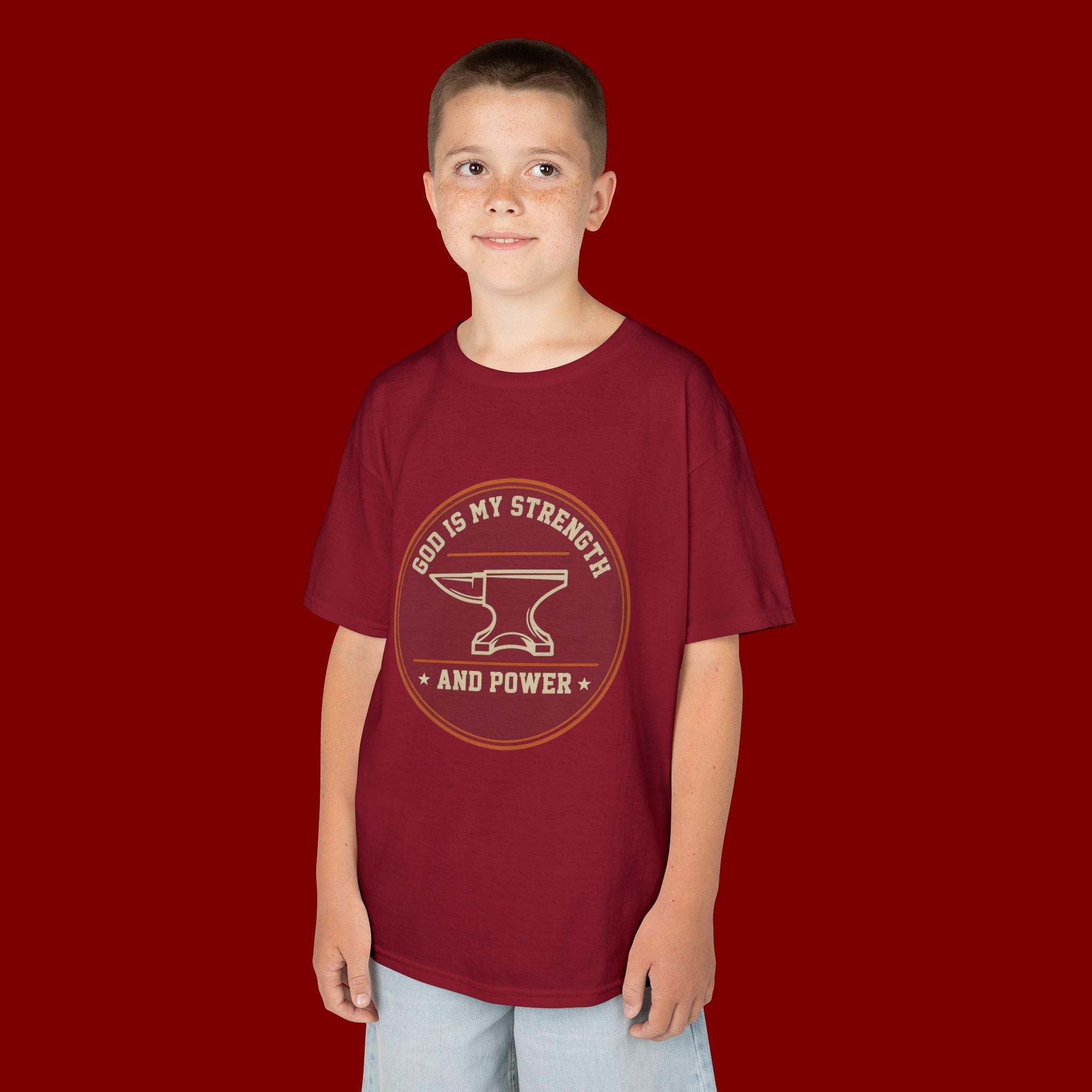 Kids Tee — "God Is My Strength and Power" Anvil & Anvil-Forge Christian Youth Shirt