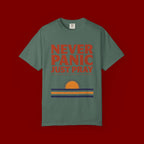 Never Panic Just Pray T‑Shirt — Retro Sunset Faith Tee
