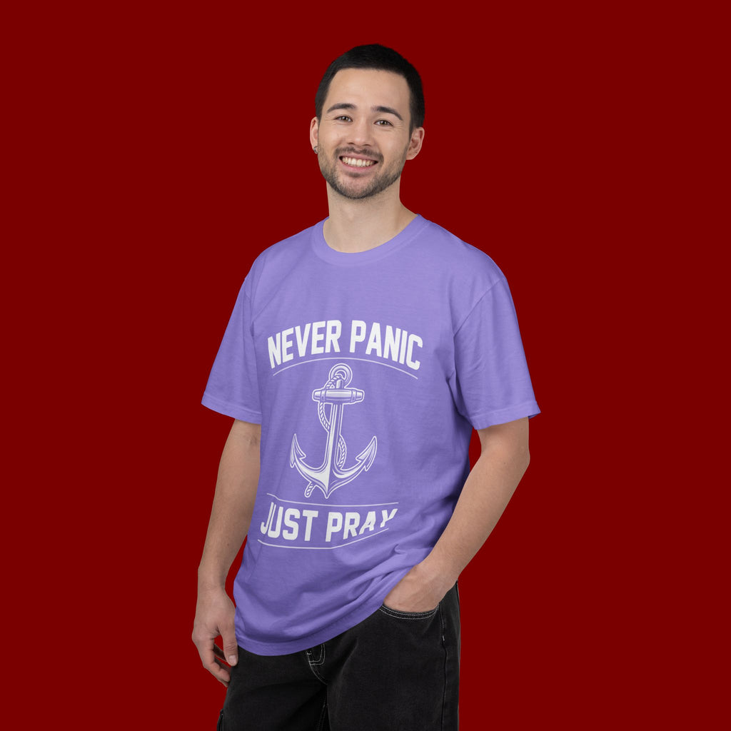 T-Shirt — "Never Panic Just Pray" Anchor Christian Faith Tee