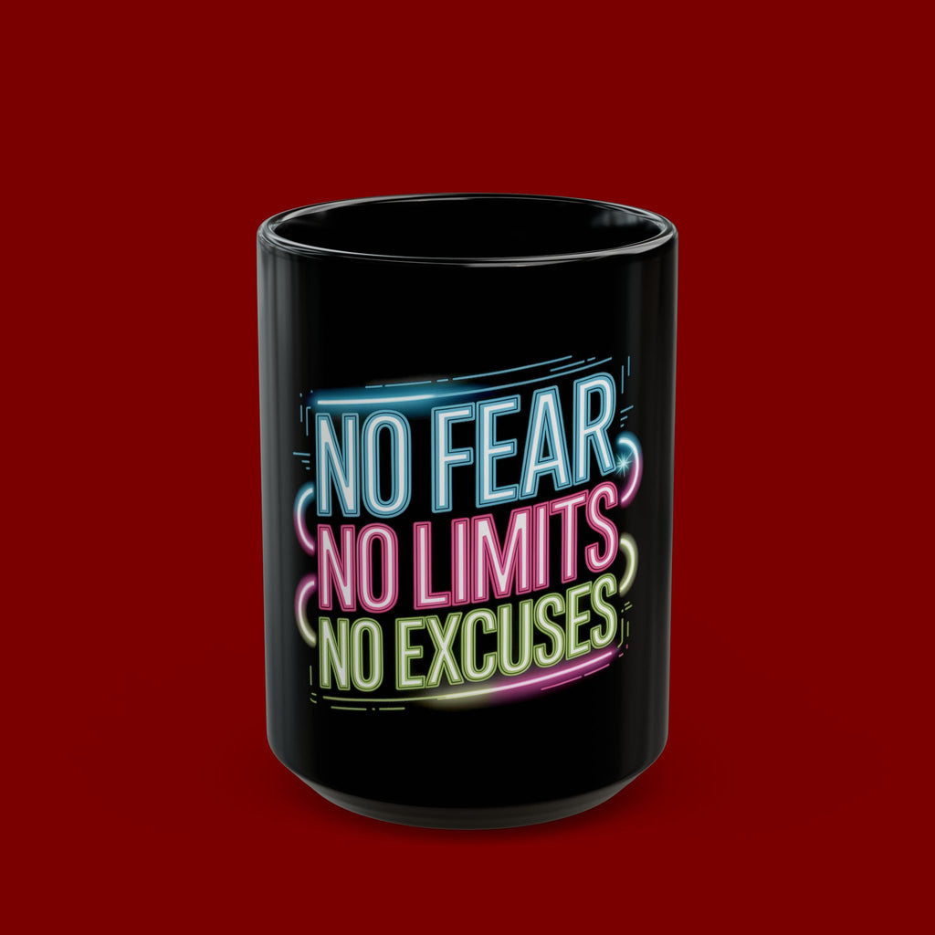 Motivational Mug — "No Fear, No Limits, No Excuses" Neon Coffee Cup