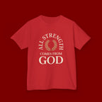 Kids T-Shirt – "All Strength Comes From God" Faith Tee for Boys & Girls