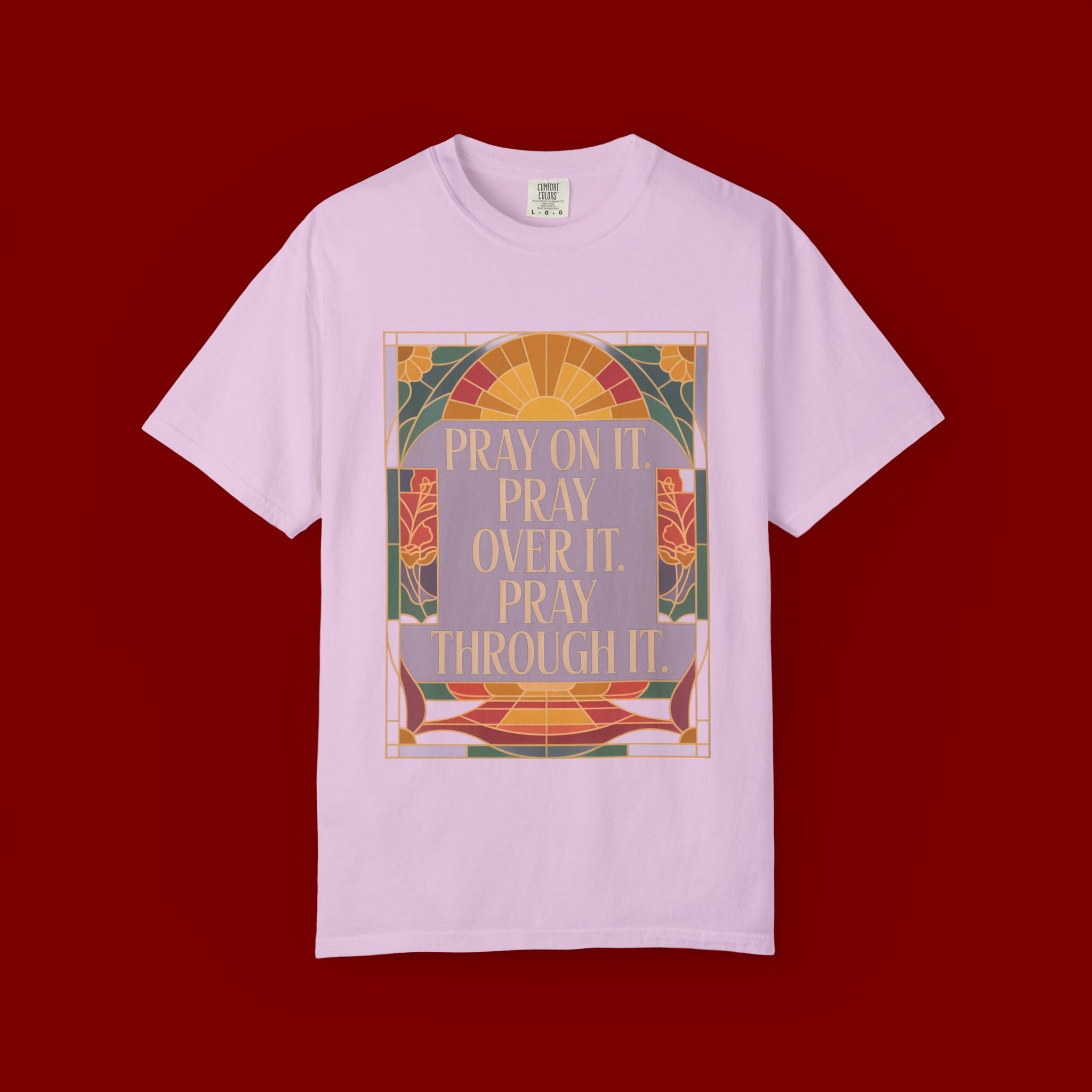 T-Shirt — Retro Sunset Floral Graphic “Play On It, Pray Over It, Pray Through It”