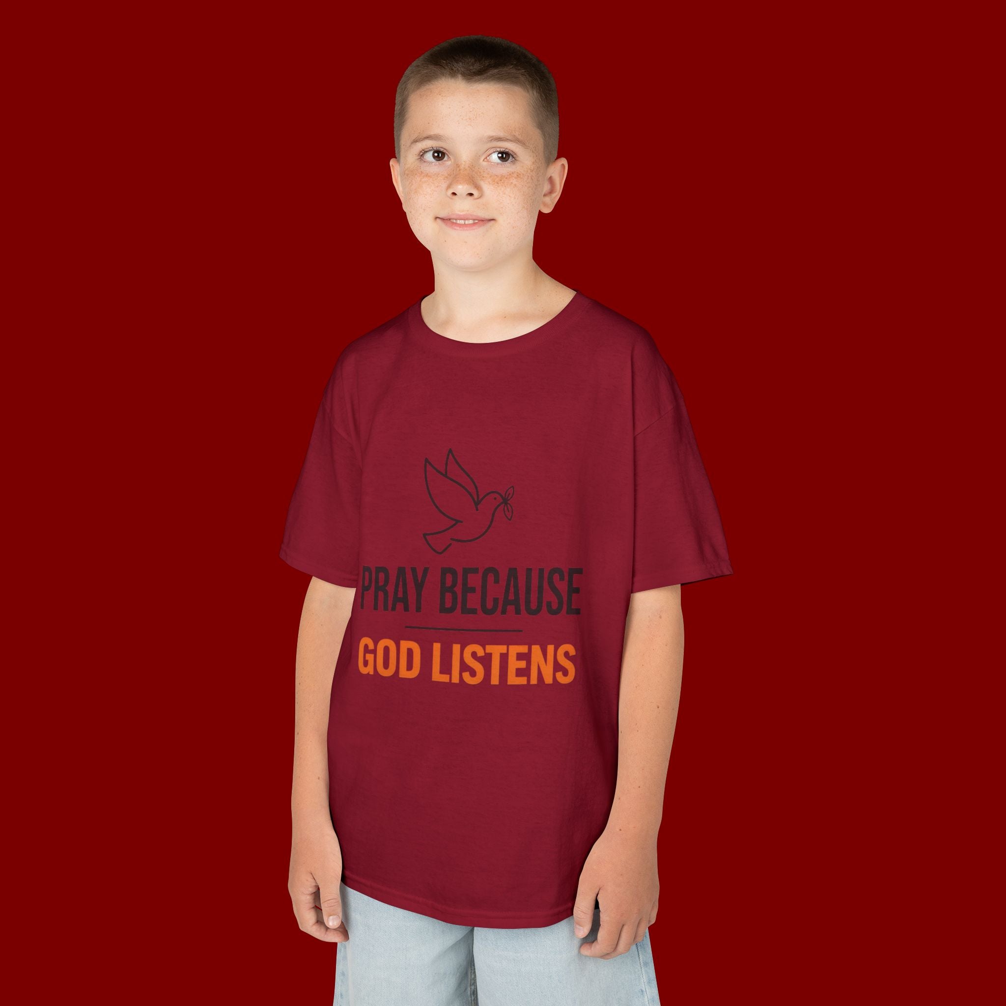 Kids T-Shirt — "Pray Because God Listens" Christian Faith Tee with Dove Graphic