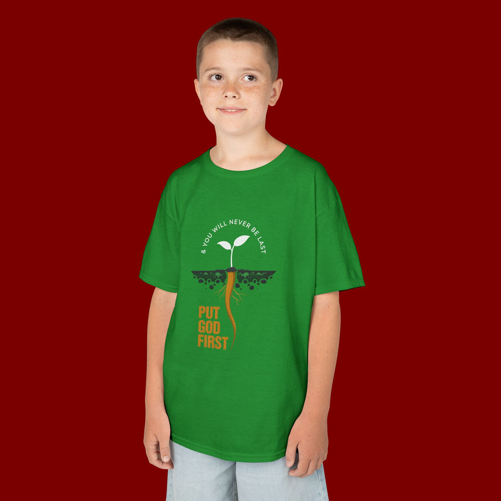 Kids T‑Shirt — 'Put God First' Religious Sprout Graphic Tee (Christian Youth)