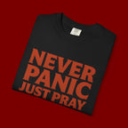 Never Panic Just Pray T‑Shirt — Retro Sunset Faith Tee