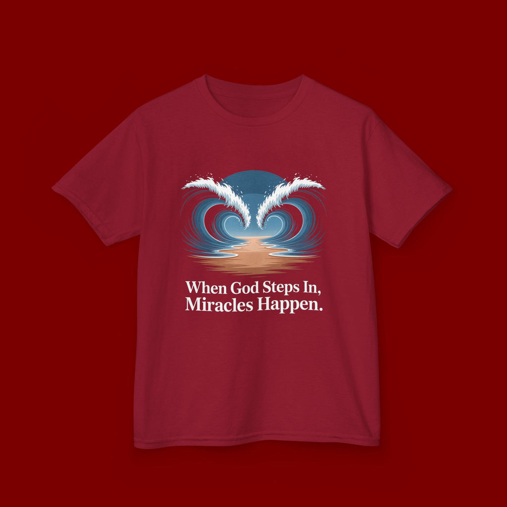Kids Tee — “When God Steps In, Miracles Happen” Wave Heart Faith Shirt