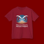 Kids Tee — “When God Steps In, Miracles Happen” Wave Heart Faith Shirt