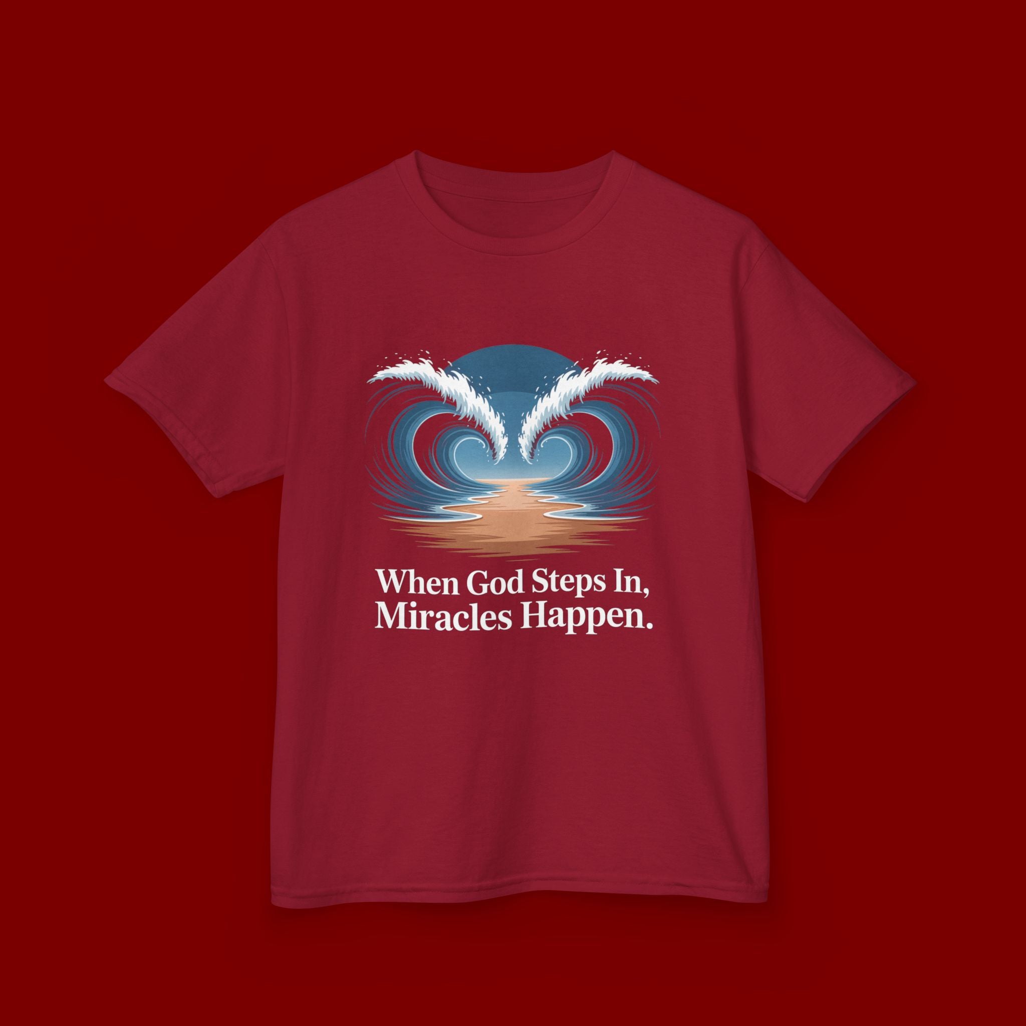 Kids Tee — “When God Steps In, Miracles Happen” Wave Heart Faith Shirt