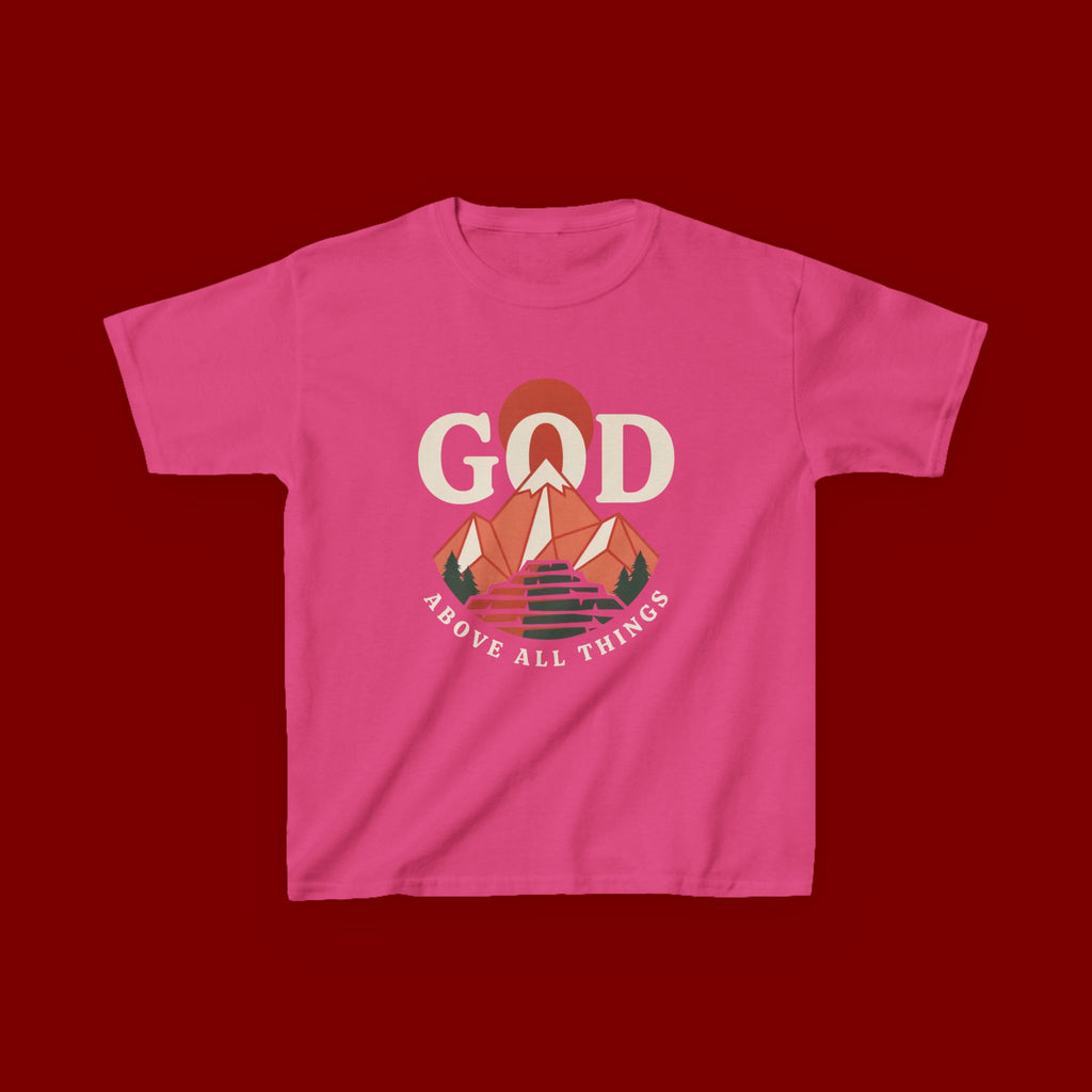 Kids Tee – 'GOD' Mountain Sunrise Faith Graphic