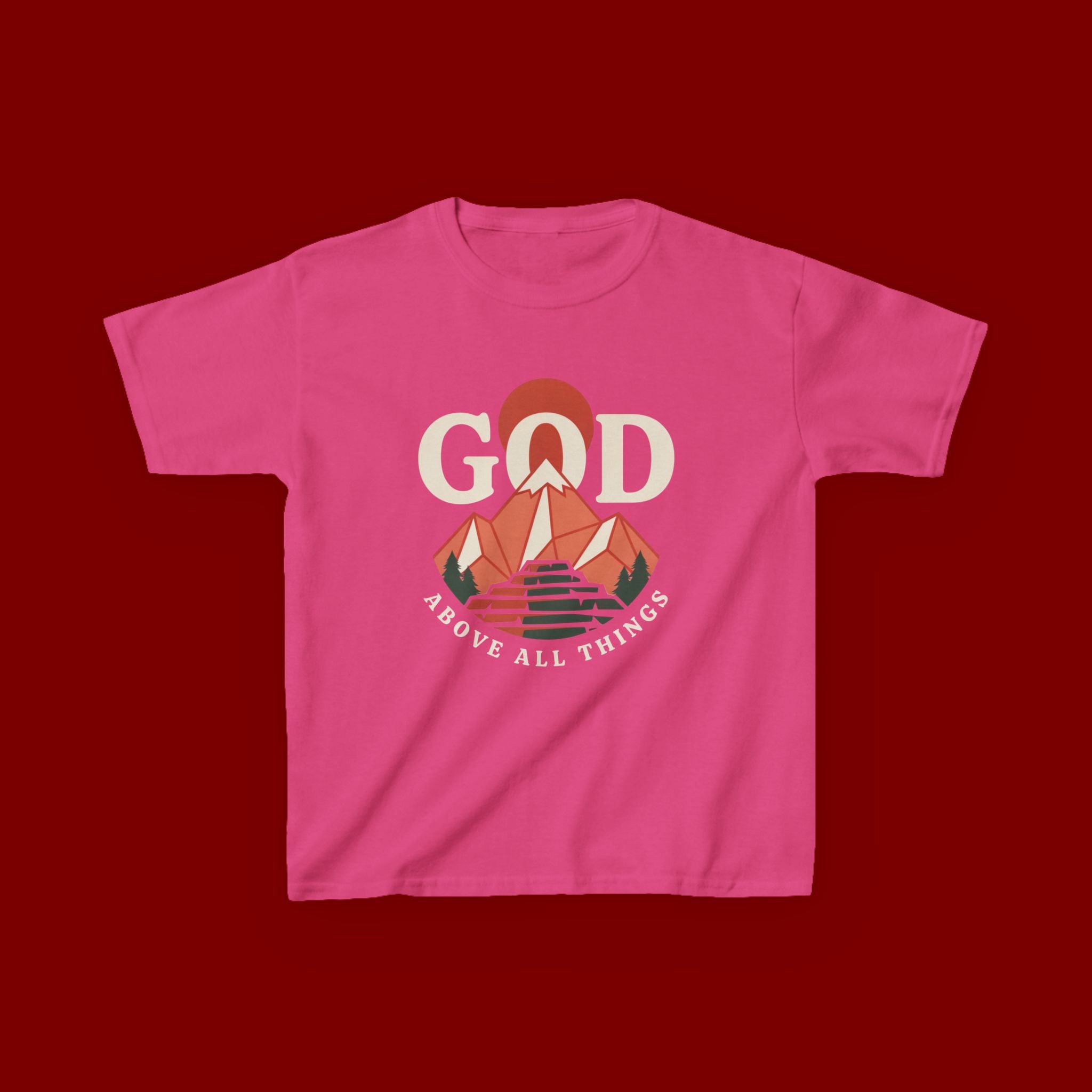 Kids Tee – 'GOD' Mountain Sunrise Faith Graphic